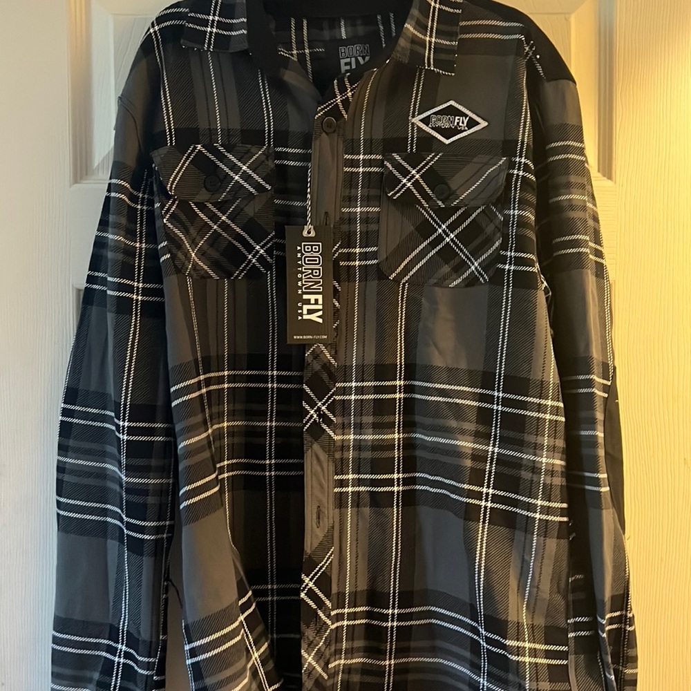Born Fly in black white and gray plaid shirt in Mens XL! BNWT